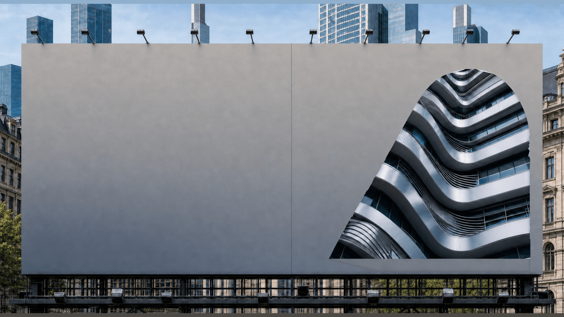 nereo billboard on a Frankfurt facade, with an arch revealing flowing architecture